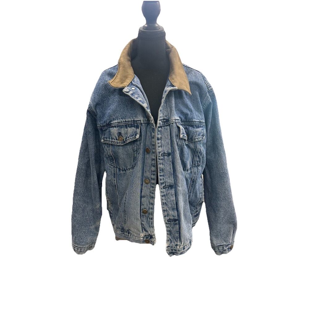 Cabelas Flannel Lined Denim Trucker Jean Jacket Mens Sz Large Leather Collar